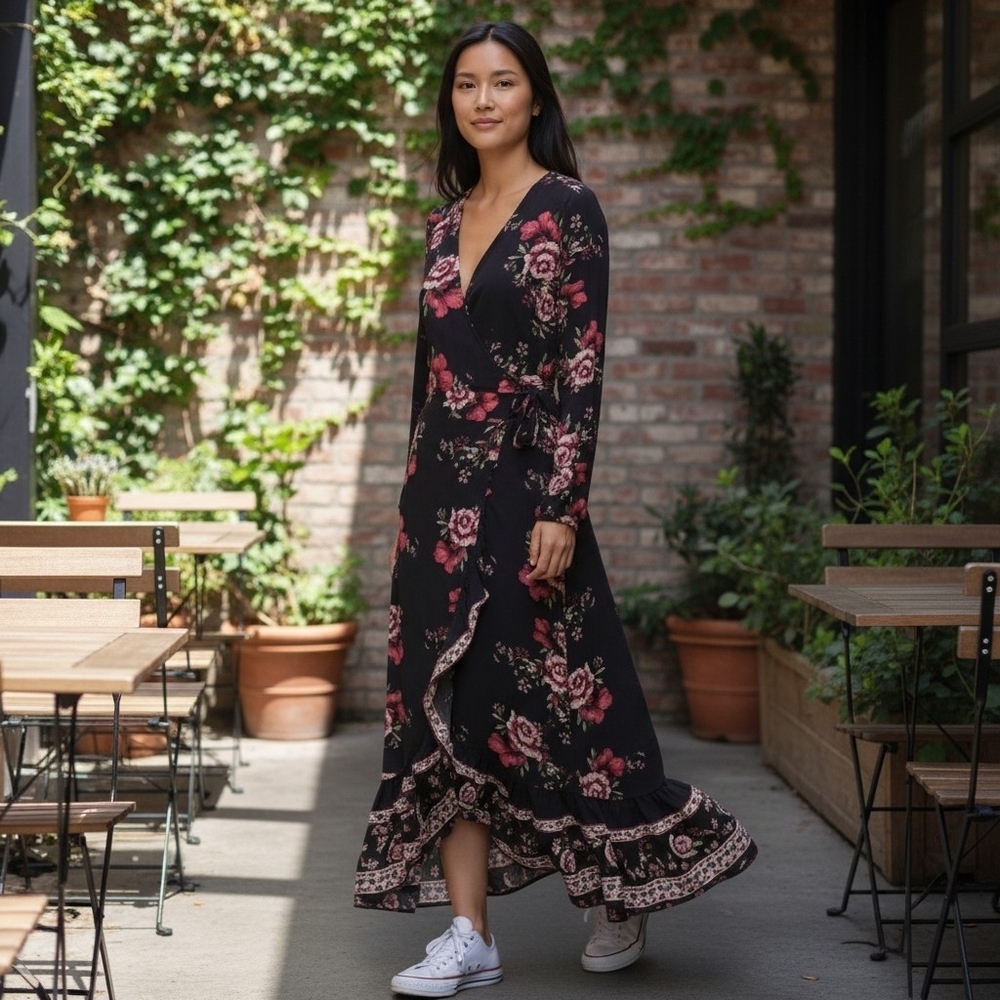 Black Floral Maxi Wrap Dress